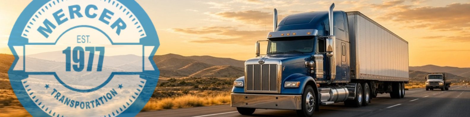 A Mercer Transportation dry van truck on the highway at sunset